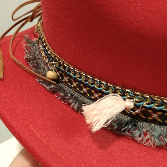 Western Southern Red Cowboy Hat Turquoise Tassels Pendants Fringe Accent Boho - Picture 5 of 17